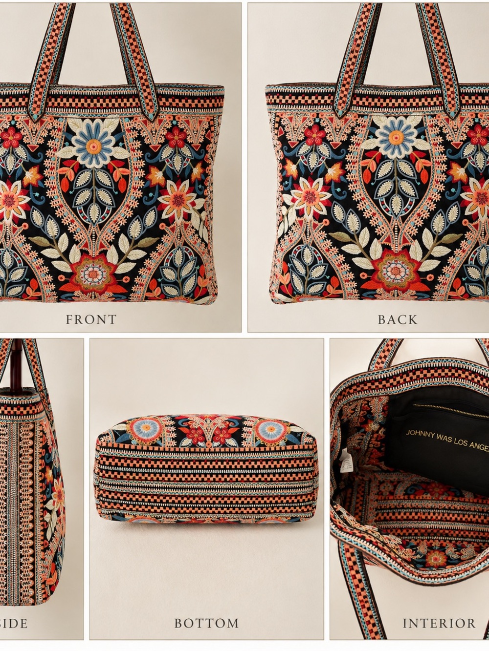 Johnny Was Black Floral Multicolor Embroidered Tote